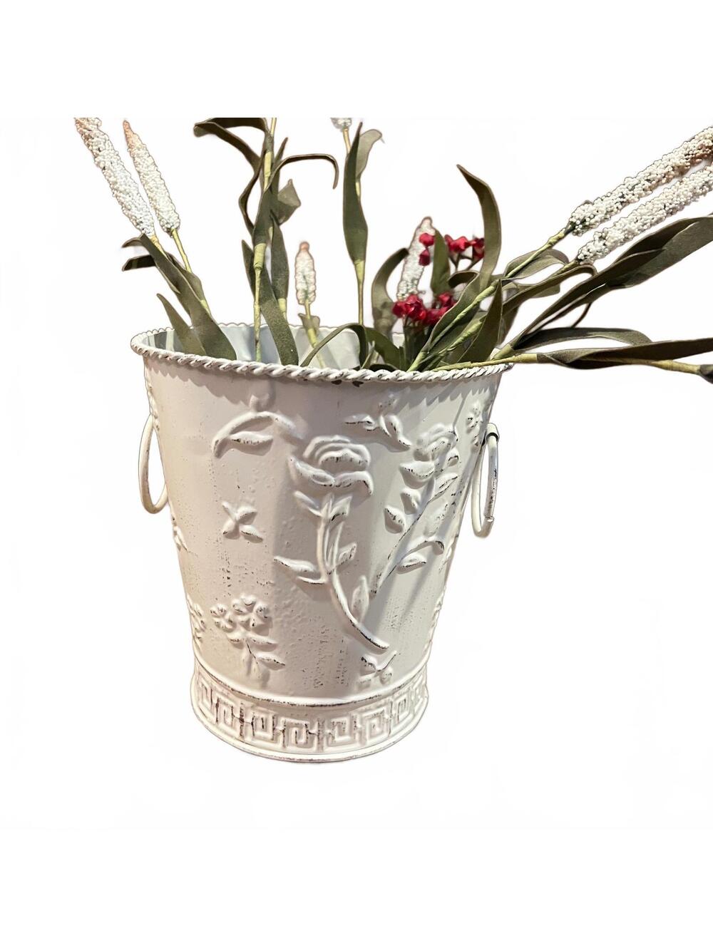 White Decorative Metal Flower Pot with Embossed Floral Design